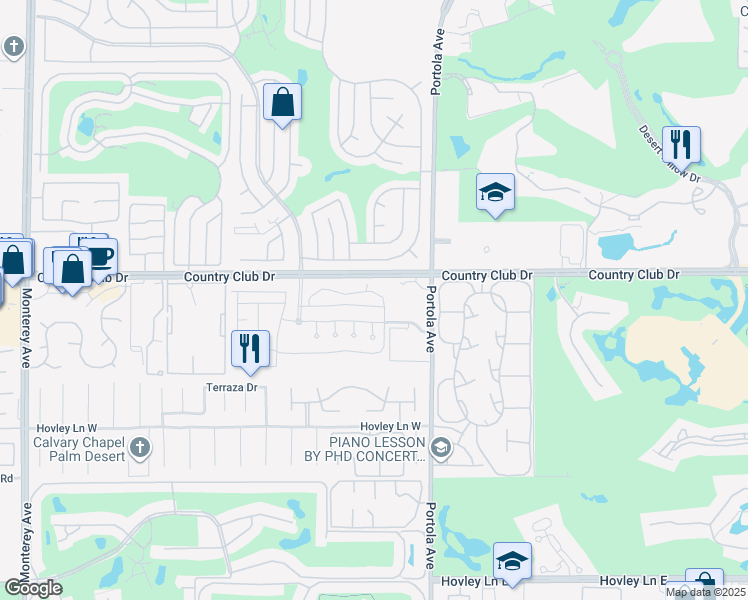 map of restaurants, bars, coffee shops, grocery stores, and more near 2108 Via Calderia in Palm Desert