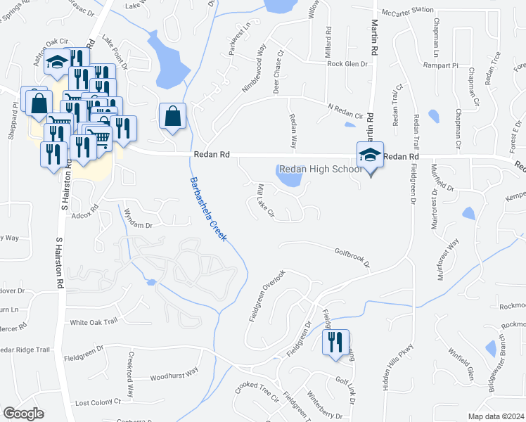 map of restaurants, bars, coffee shops, grocery stores, and more near 1378 Mill Lake Circle in Stone Mountain