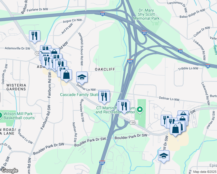 map of restaurants, bars, coffee shops, grocery stores, and more near 3325 Delmar Lane Northwest in Atlanta