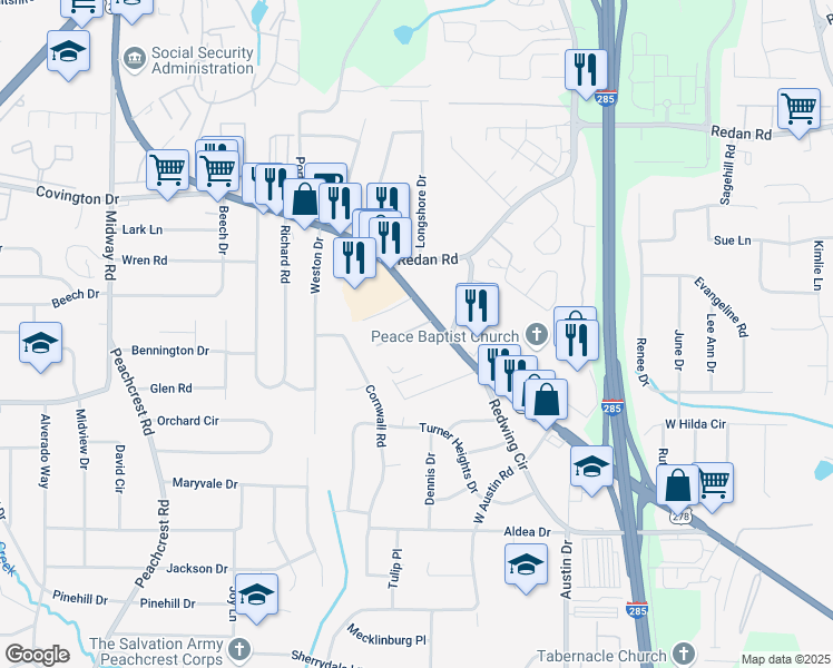 map of restaurants, bars, coffee shops, grocery stores, and more near 3945 Covington Highway in Decatur