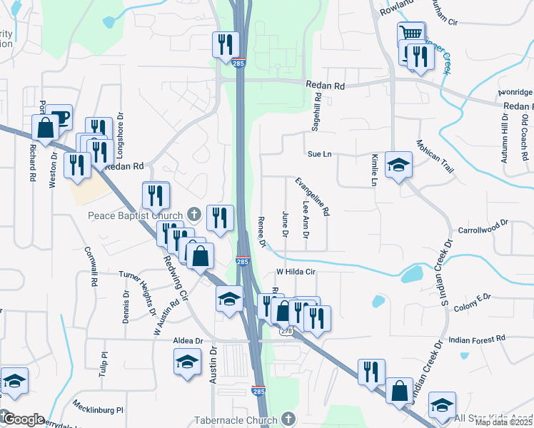 map of restaurants, bars, coffee shops, grocery stores, and more near 1254 Renee Drive in Decatur