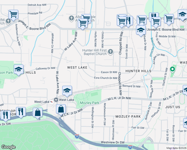 map of restaurants, bars, coffee shops, grocery stores, and more near 86 Holly Road Northwest in Atlanta