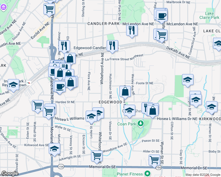 map of restaurants, bars, coffee shops, grocery stores, and more near 128 Hutchinson Street Northeast in Atlanta