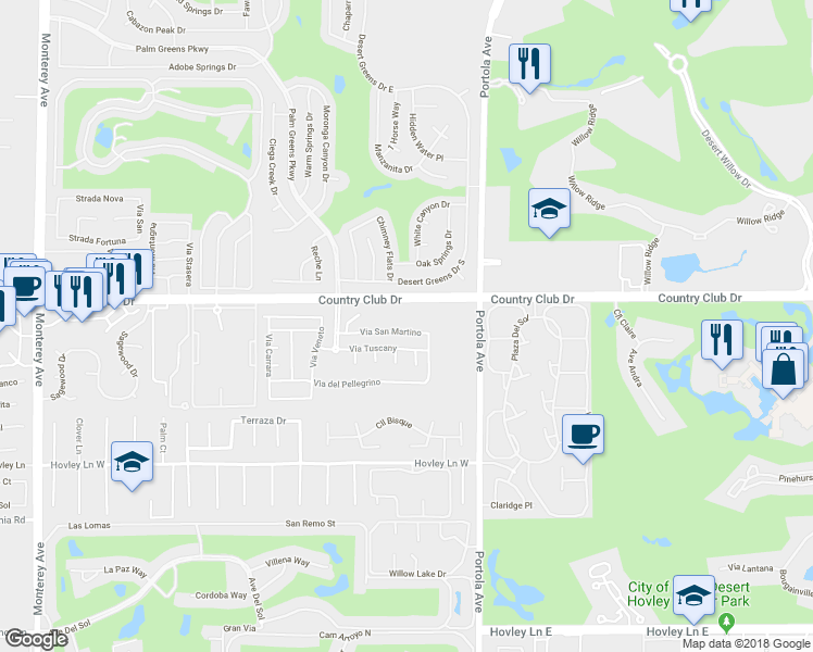 map of restaurants, bars, coffee shops, grocery stores, and more near 2301 Via Calderia in Palm Desert