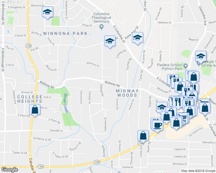 map of restaurants, bars, coffee shops, grocery stores, and more near 2651 Midway Road in Decatur
