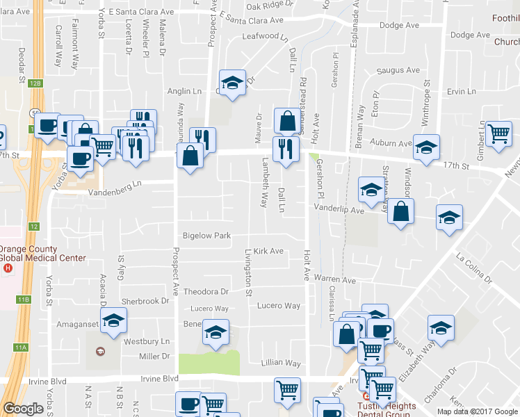 map of restaurants, bars, coffee shops, grocery stores, and more near 14191 Lambeth Way in Tustin