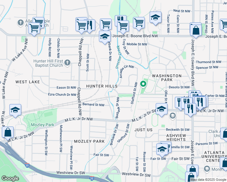 map of restaurants, bars, coffee shops, grocery stores, and more near 80 Burbank Drive Northwest in Atlanta