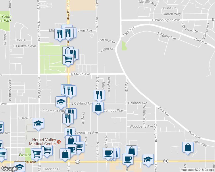map of restaurants, bars, coffee shops, grocery stores, and more near 615 Kerilyn Lane in Hemet