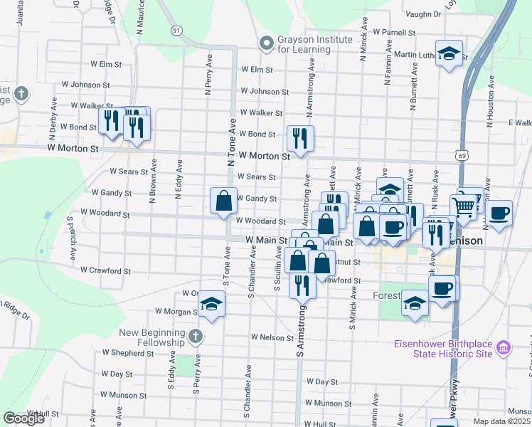 map of restaurants, bars, coffee shops, grocery stores, and more near 919 West Woodard Street in Denison