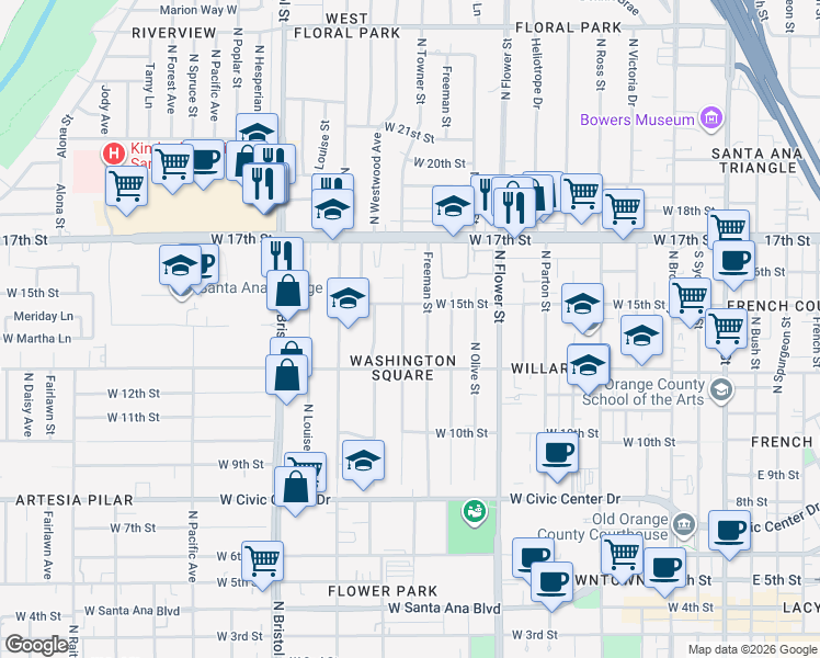 map of restaurants, bars, coffee shops, grocery stores, and more near 1414 North Towner Street in Santa Ana