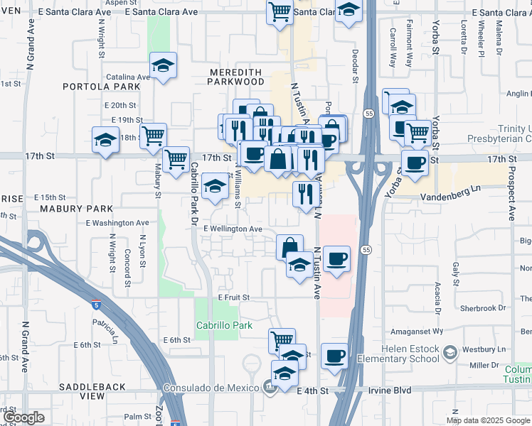 map of restaurants, bars, coffee shops, grocery stores, and more near 2123 Barclay Court in Santa Ana