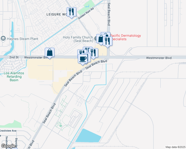 map of restaurants, bars, coffee shops, grocery stores, and more near Hussey Road in Seal Beach