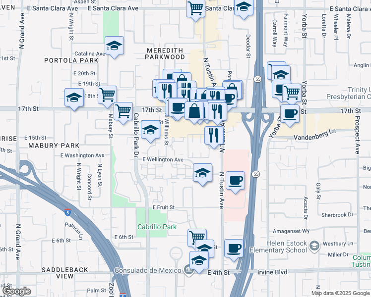 map of restaurants, bars, coffee shops, grocery stores, and more near 2123 Barclay Court in Santa Ana