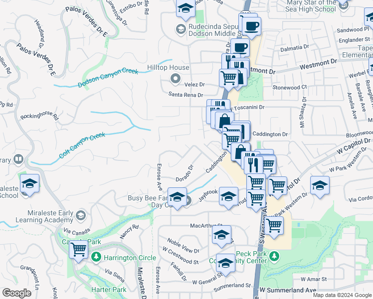 map of restaurants, bars, coffee shops, grocery stores, and more near 28608 Gunter Road in Rancho Palos Verdes
