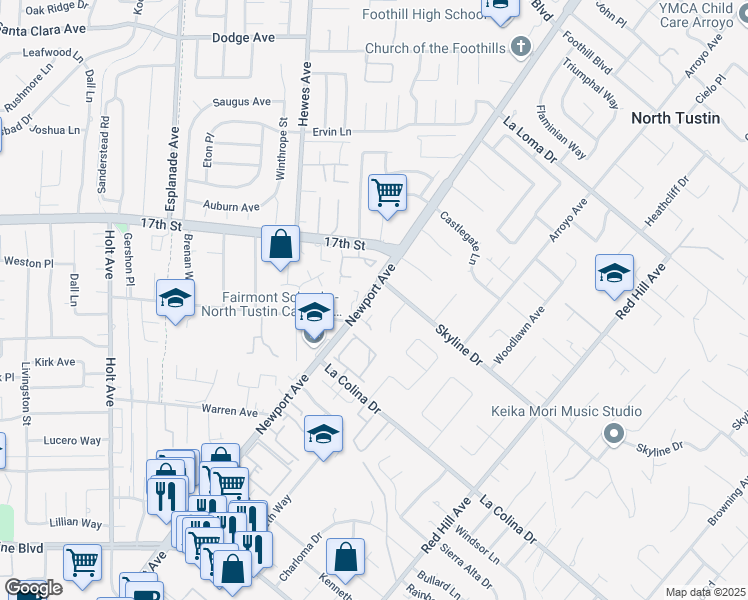 map of restaurants, bars, coffee shops, grocery stores, and more near 12252 Newport Avenue in Santa Ana