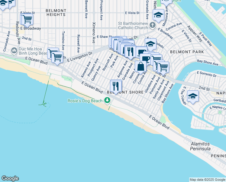 map of restaurants, bars, coffee shops, grocery stores, and more near 60 Argonne Avenue in Long Beach