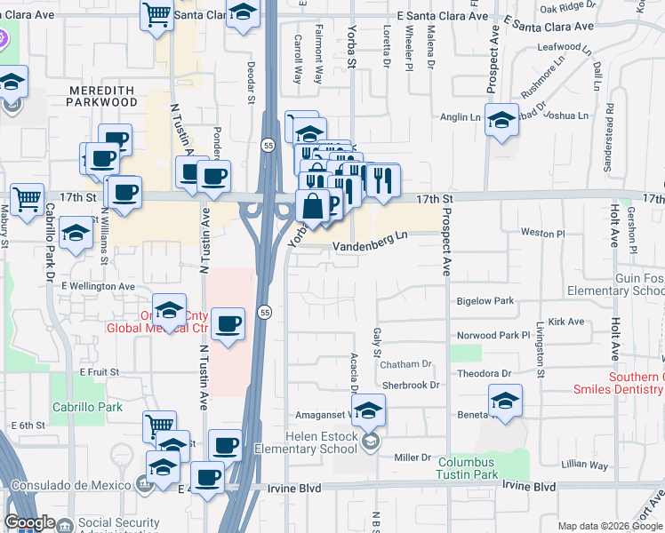 map of restaurants, bars, coffee shops, grocery stores, and more near 14122 Paseo Verde in Tustin