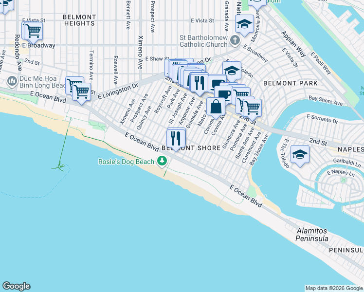 map of restaurants, bars, coffee shops, grocery stores, and more near 50 Granada Avenue in Long Beach