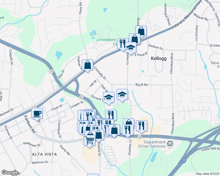 map of restaurants, bars, coffee shops, grocery stores, and more near 8160 Connally Drive in Douglasville