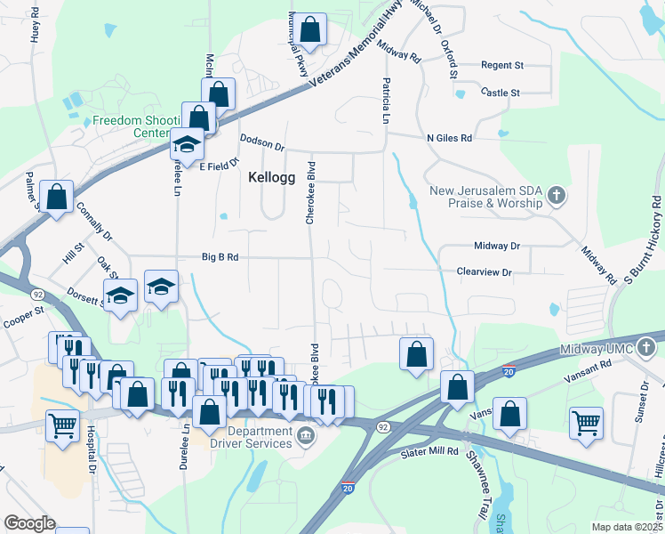 map of restaurants, bars, coffee shops, grocery stores, and more near 8307 Somerset Way in Douglasville