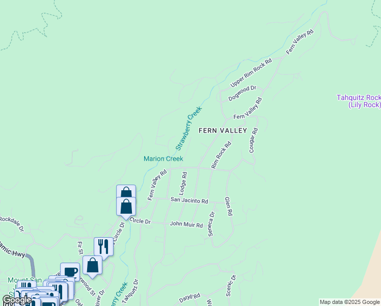 map of restaurants, bars, coffee shops, grocery stores, and more near 25150 Lodge Road in Idyllwild-Pine Cove