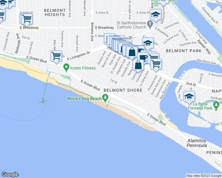 map of restaurants, bars, coffee shops, grocery stores, and more near 28 Argonne Avenue in Long Beach
