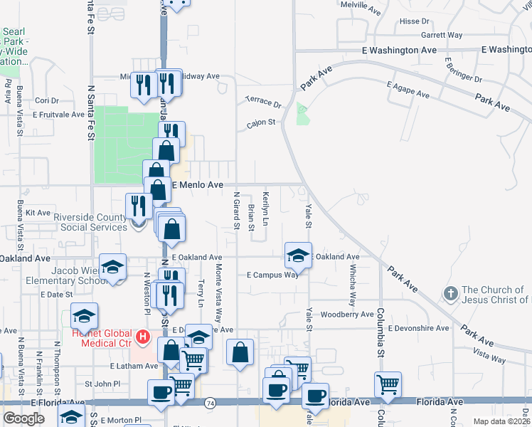 map of restaurants, bars, coffee shops, grocery stores, and more near 615 Kerilyn Lane in Hemet