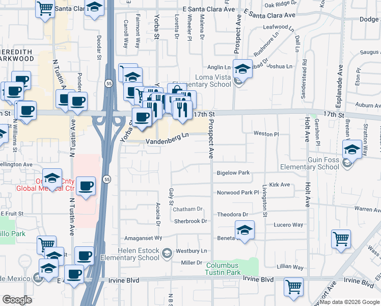 map of restaurants, bars, coffee shops, grocery stores, and more near 17542 Vandenberg Lane in Tustin