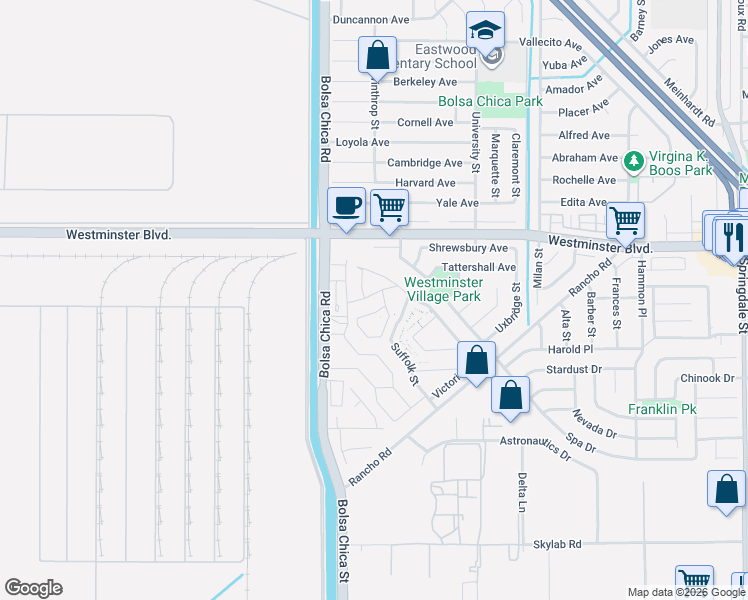 map of restaurants, bars, coffee shops, grocery stores, and more near 14131 Cavendish Street in Westminster