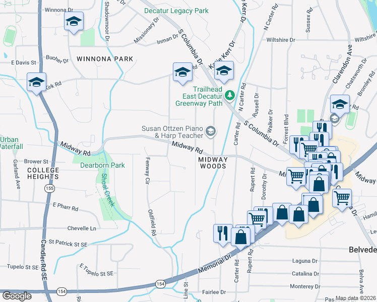 map of restaurants, bars, coffee shops, grocery stores, and more near 2651 Midway Road in Decatur