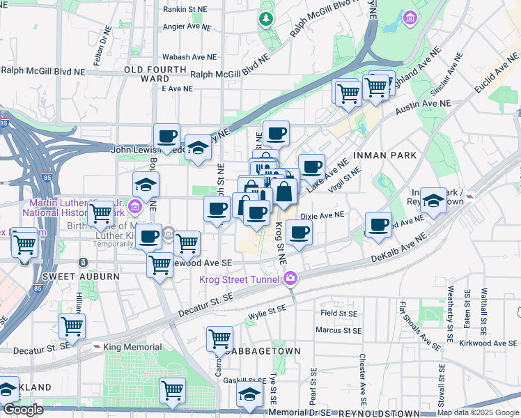 map of restaurants, bars, coffee shops, grocery stores, and more near 667 Auburn Avenue Northeast in Atlanta