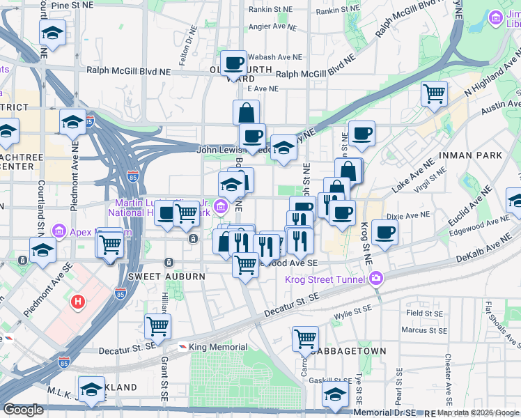 map of restaurants, bars, coffee shops, grocery stores, and more near 521 Irwin Street Northeast in Atlanta