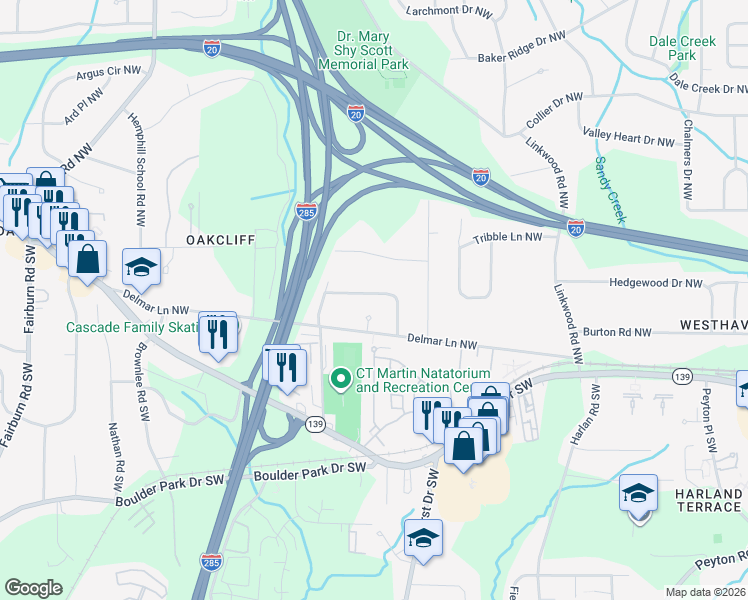 map of restaurants, bars, coffee shops, grocery stores, and more near 79 Delmoor Drive Northwest in Atlanta