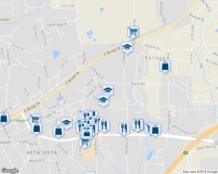 map of restaurants, bars, coffee shops, grocery stores, and more near 8160 Connally Drive in Douglasville