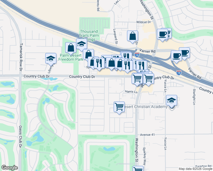 map of restaurants, bars, coffee shops, grocery stores, and more near 40180 Eastwood Lane in Palm Desert