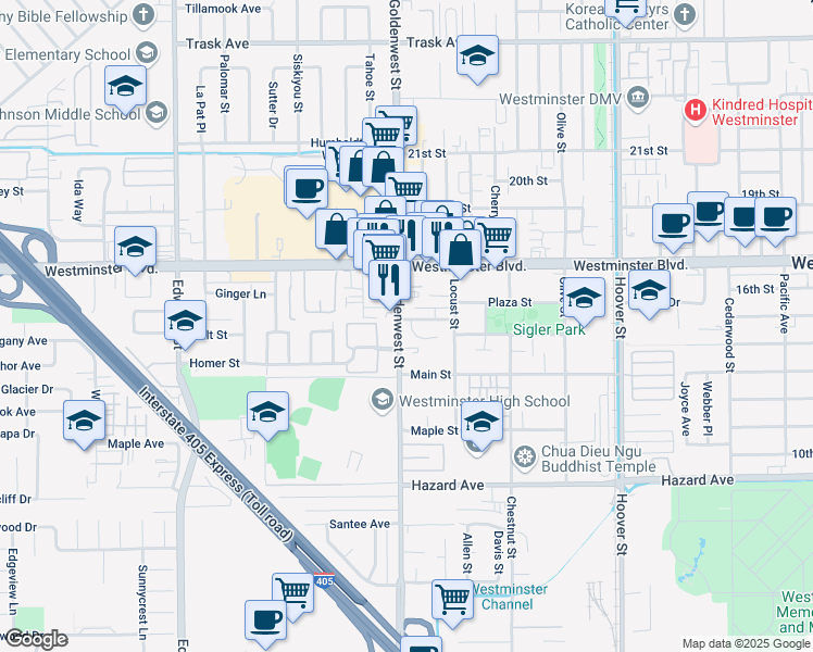 map of restaurants, bars, coffee shops, grocery stores, and more near 7030 Brentwood Lane in Westminster