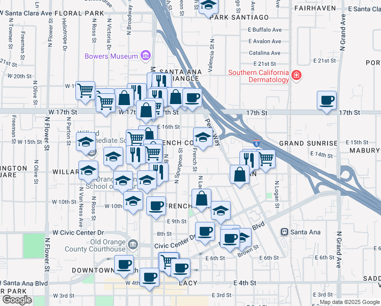 map of restaurants, bars, coffee shops, grocery stores, and more near 1424 French Street in Santa Ana