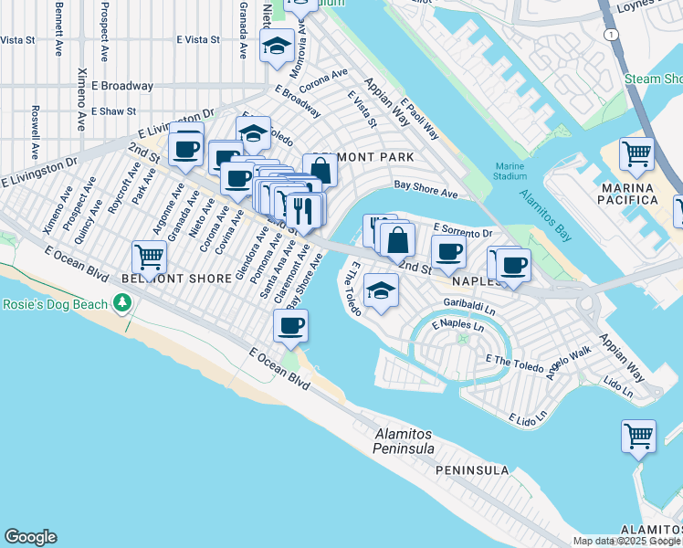 map of restaurants, bars, coffee shops, grocery stores, and more near 5430 East The Toledo in Long Beach