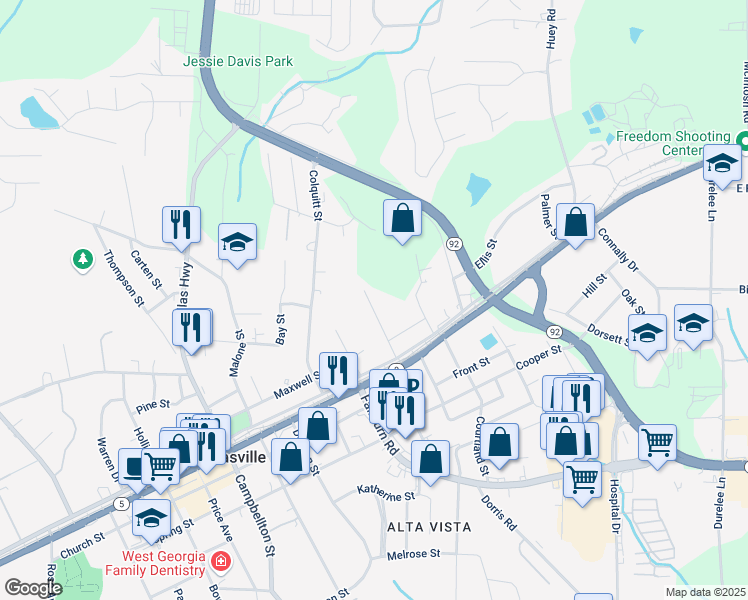 map of restaurants, bars, coffee shops, grocery stores, and more near 8176 Camp Street in Douglasville