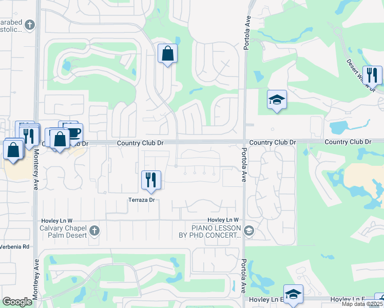 map of restaurants, bars, coffee shops, grocery stores, and more near 2610 Via Calderia in Palm Desert