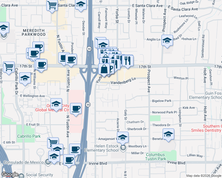 map of restaurants, bars, coffee shops, grocery stores, and more near 14122 Paseo Verde in Tustin