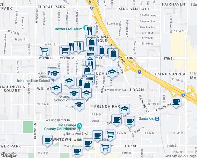map of restaurants, bars, coffee shops, grocery stores, and more near 1424 North Spurgeon Street in Santa Ana