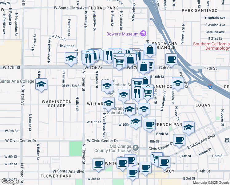 map of restaurants, bars, coffee shops, grocery stores, and more near 1418 North Durant Street in Santa Ana