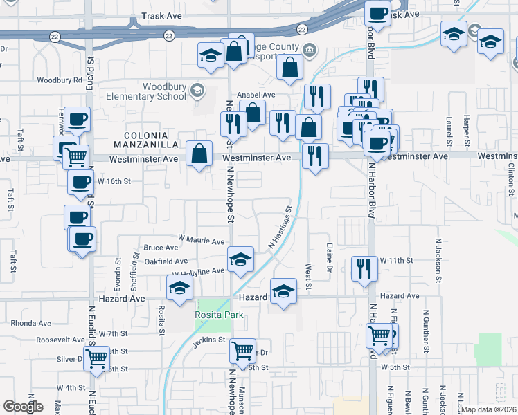 map of restaurants, bars, coffee shops, grocery stores, and more near 4306 West Sunswept Avenue in Santa Ana