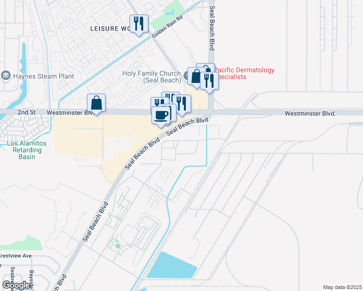 map of restaurants, bars, coffee shops, grocery stores, and more near Hussey Road in Seal Beach