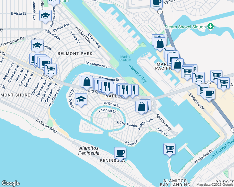 map of restaurants, bars, coffee shops, grocery stores, and more near 221 North Attica Drive in Long Beach