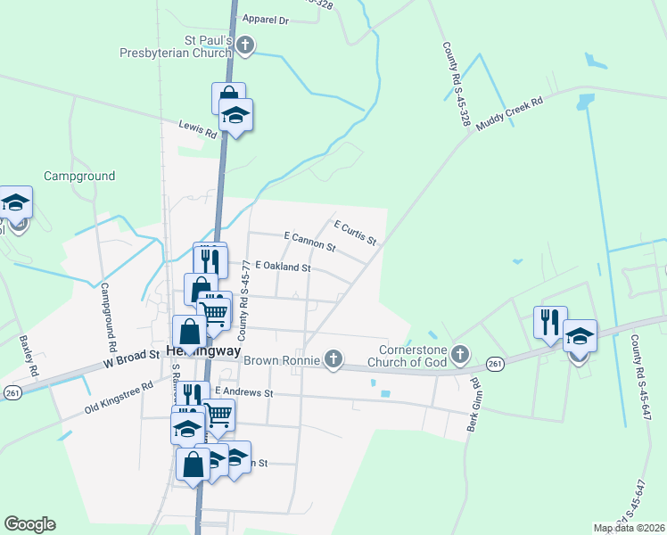 map of restaurants, bars, coffee shops, grocery stores, and more near 405 East Cannon Street in Hemingway