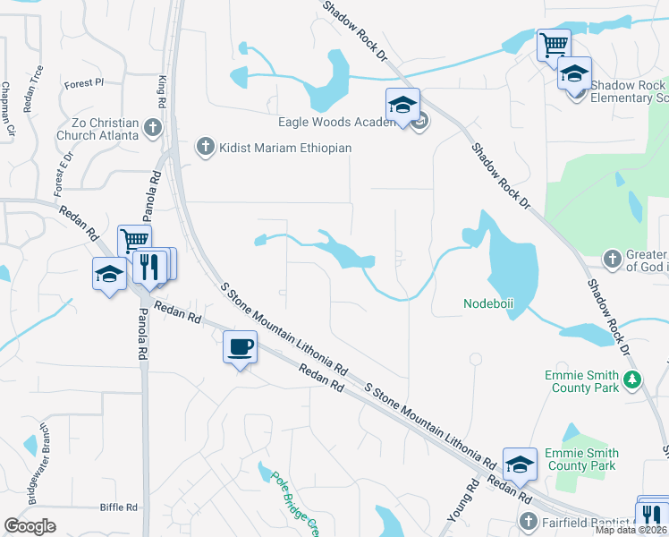 map of restaurants, bars, coffee shops, grocery stores, and more near 1312 Greenridge Trail in Lithonia