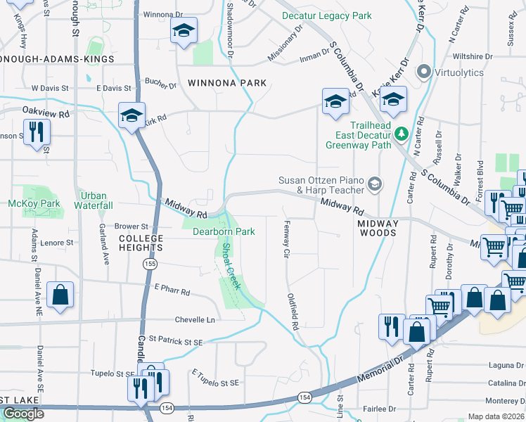 map of restaurants, bars, coffee shops, grocery stores, and more near 2543 Midway Road in Decatur