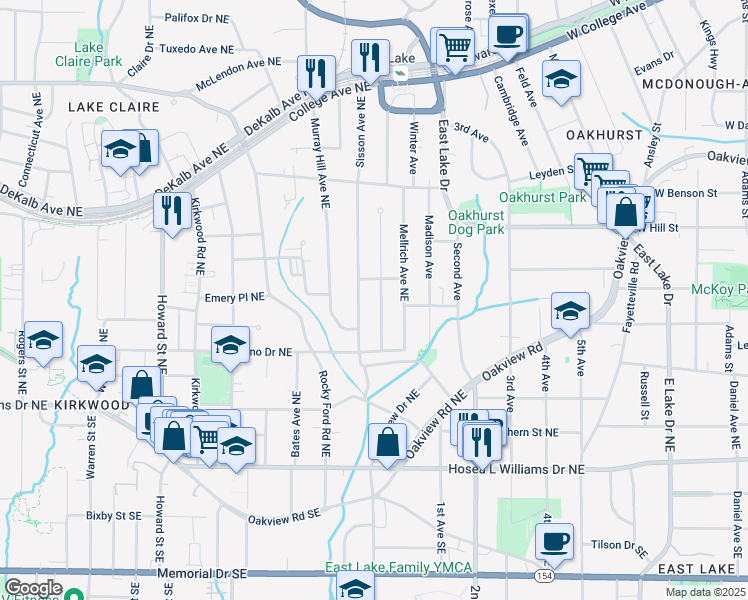 map of restaurants, bars, coffee shops, grocery stores, and more near 166 Martha Avenue Northeast in Atlanta